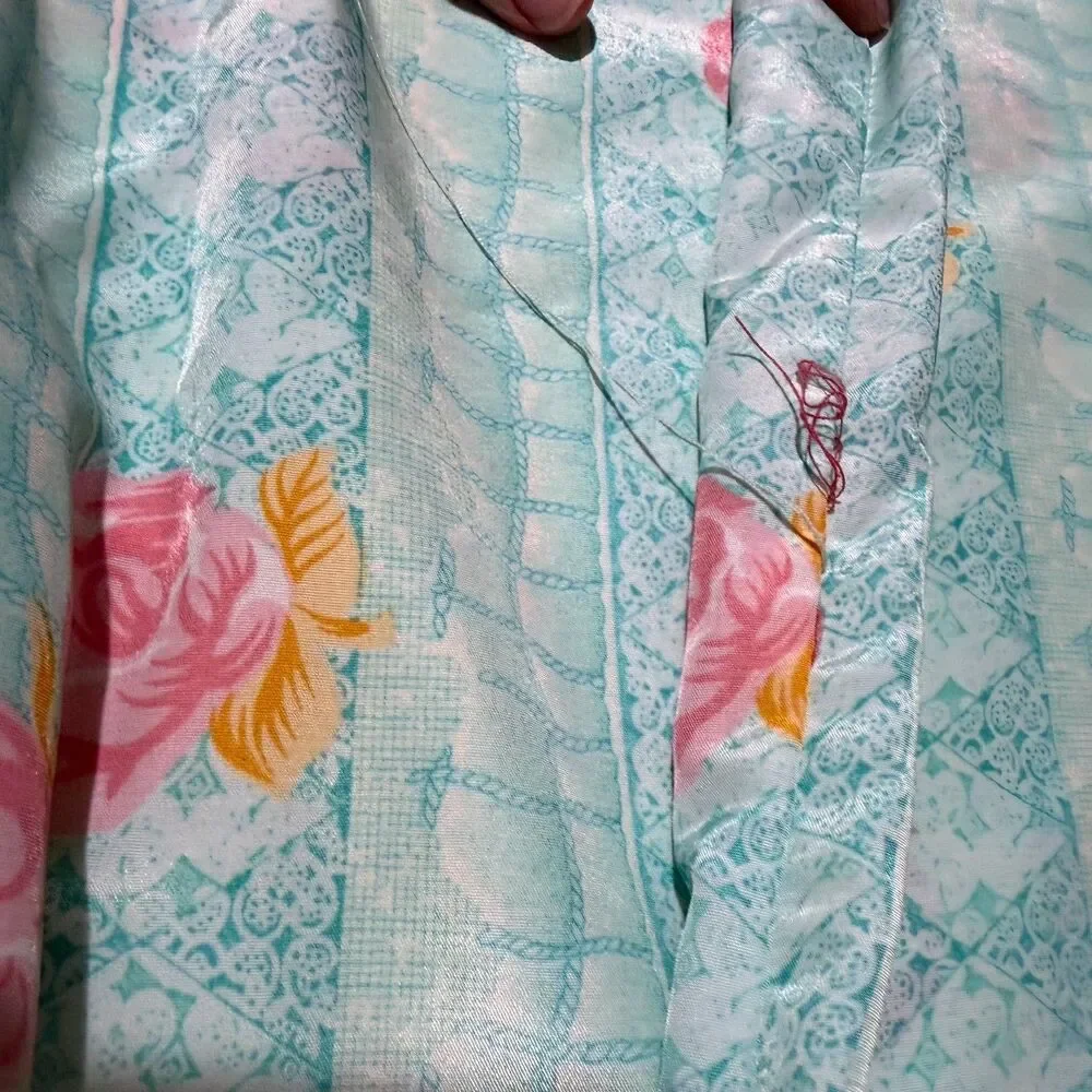 Contessa di Roma Vintage 80s 90s Turquoise Pink Floral Ling Satin Robe, XXL